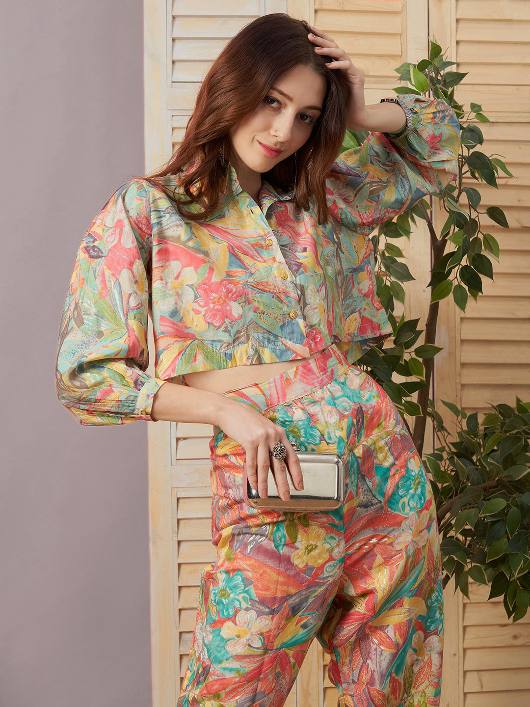 Multicolor Polyester Co-ords - Crop Top and Trouser Set with Floral Graphic Print