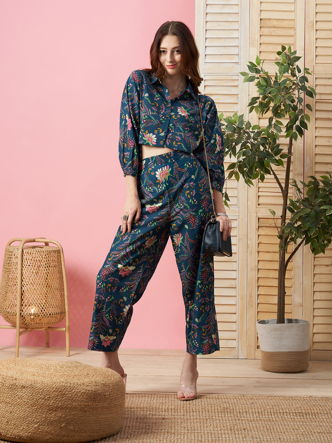 Blue Polyester Co-ords - Crop Top and Trouser Set with Floral Print