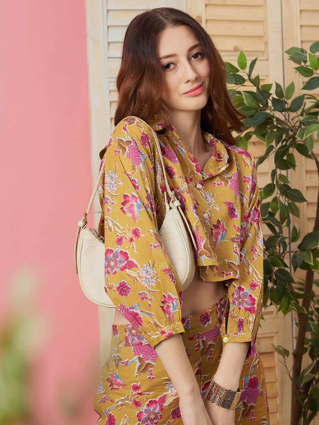 Mustard Polyester Co-ords - Crop Top and Trouser Set with Floral Print