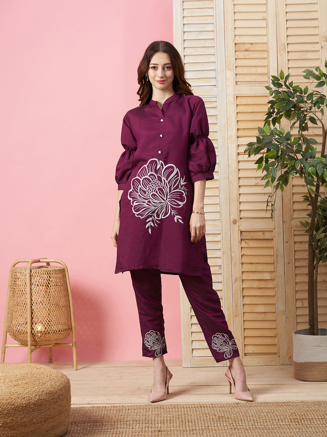 Wine Polyester Co-ords - Kurta and Trouser Set with Floral Print
