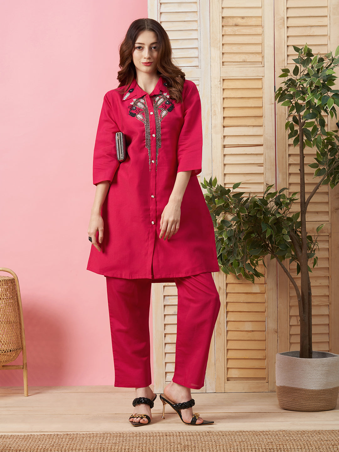 Pink Polyester Co-ords - Embroidered Kurta and Trouser Set