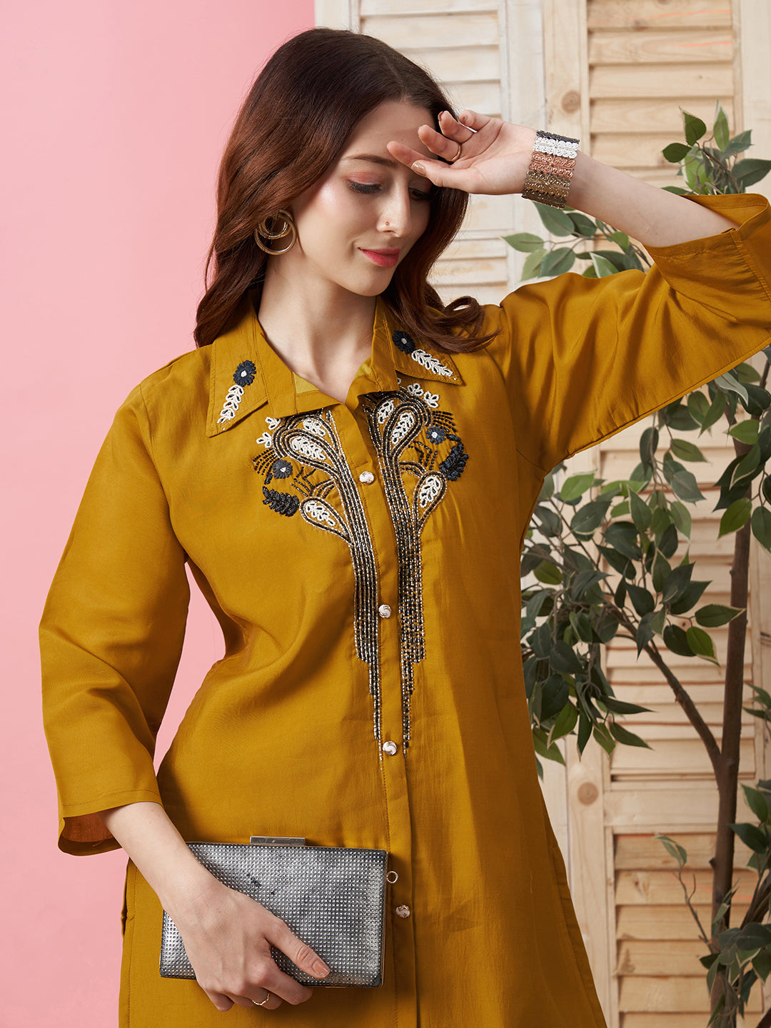 Mustard Polyester Co-ords - Embroidered Kurta and Trouser Set