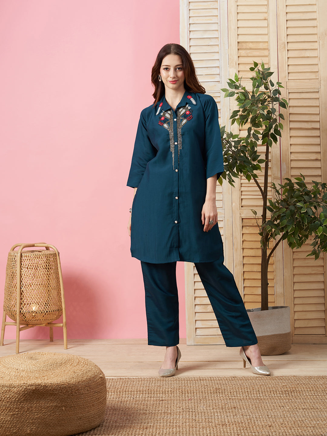 Blue Polyester Co-ords - Embroidered Kurta and Trouser Set