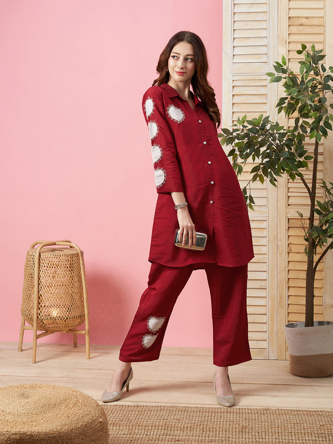 Maroon Polyester Co-ords - Embroidered Kurta and Trouser Set