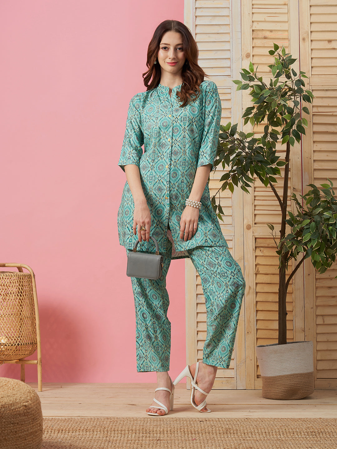 Blue Polyester Co-ords - Printed Shirt and Trouser Set