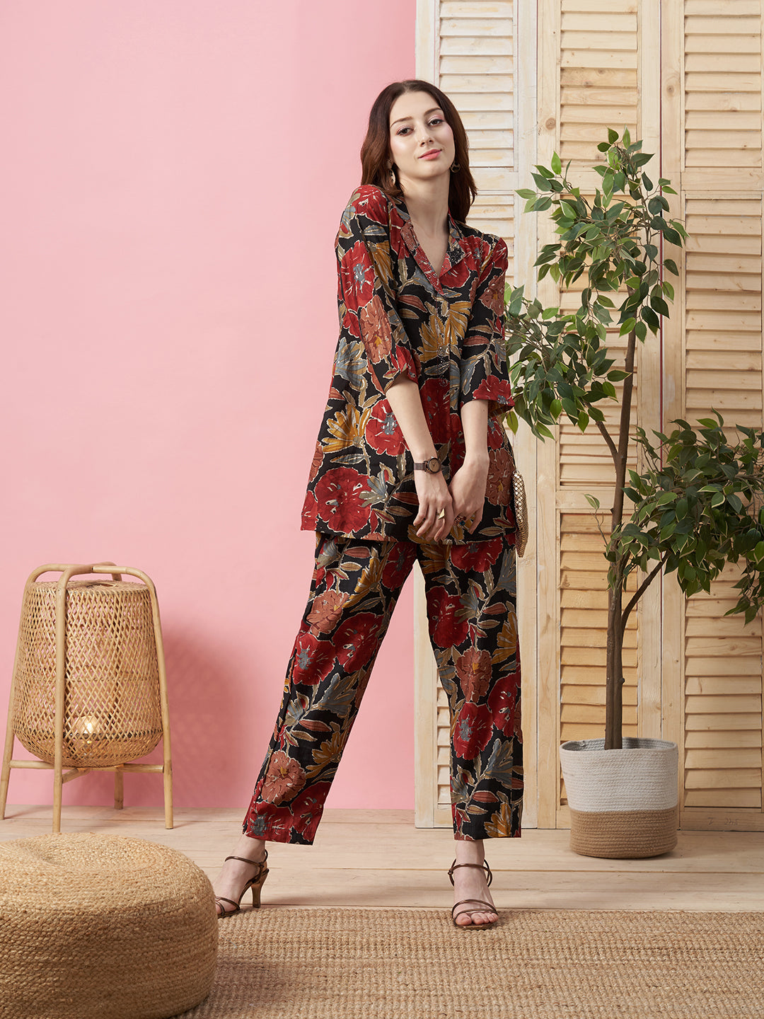 Rust Polyester Co-ords - Printed Shirt and Palazzo Set